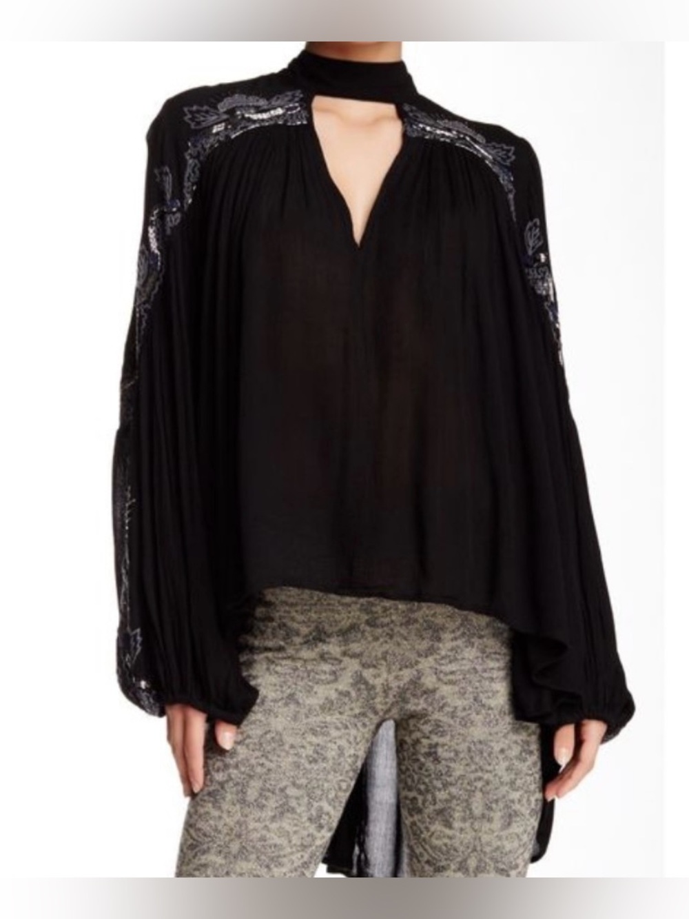 Free People Black Beaded Keyhole High-Neck Peasant Tunic Blouse - Size XS